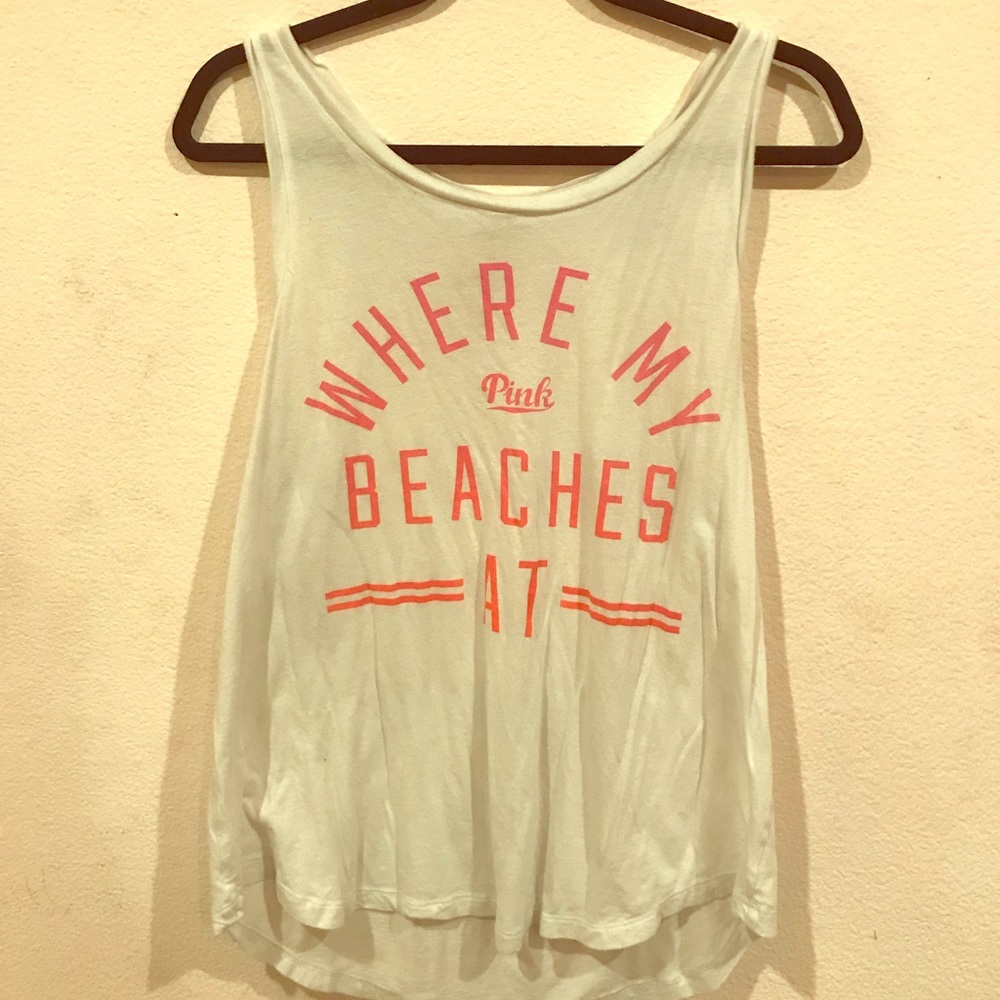VS PINK White “Where My Beaches At” Tank Top